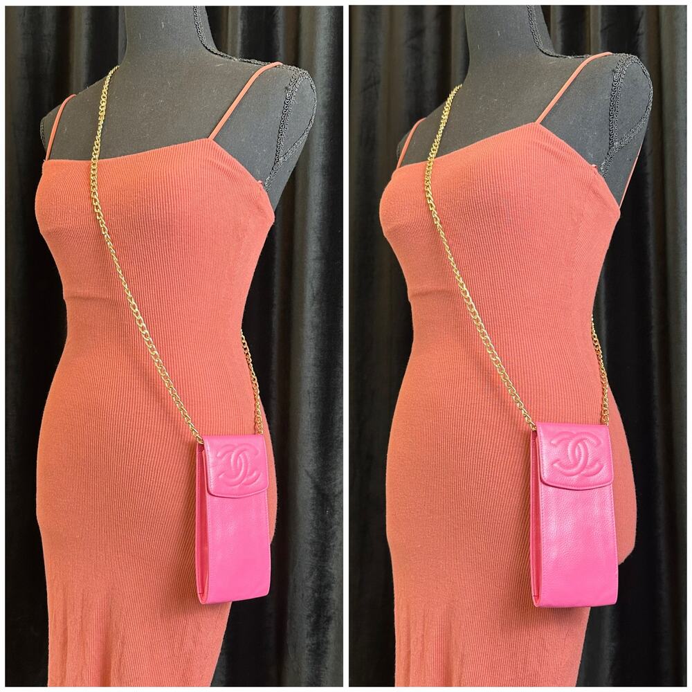 Chanel pink leather phone case pouch crossbody bag with chains CUTE - Picture 2 of 12